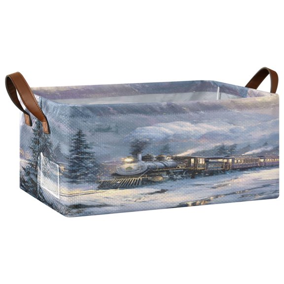 Foldable Iron Frame Storage Basket Open Basket Bins Versatile Organizer for Laundry Bathroom Closet 16.9” x 11.4” x 7.7” Vintage-style Christmas Train