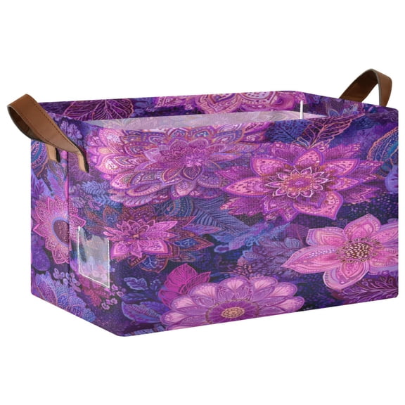 Foldable Iron Frame Storage Basket Open Basket Bins Versatile Organizer for Laundry Bathroom Closet 16.9” x 11.4” x 10” Lavender Bohemian Pattern