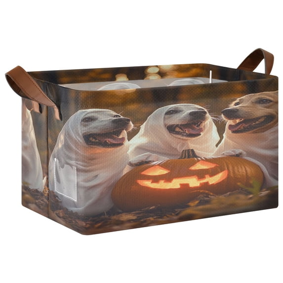Foldable Iron Frame Storage Basket Open Basket Bins Versatile Organizer for Laundry Bathroom Closet 16.9” x 11.4” x 10” Three Dogs Dressed As Ghosts