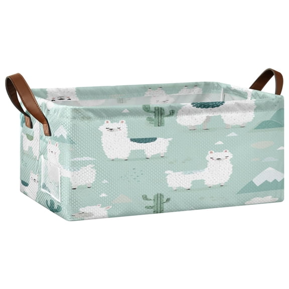 Foldable Iron Frame Storage Basket Open Basket Bins Versatile Organizer for Laundry Bathroom Closet 16.9” x 11.4” x 7.7” Cute Cartoon Llama Pattern