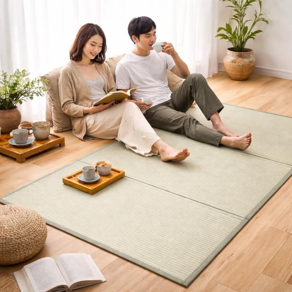 Foldable Japanese Tatami Mat - Natural Rush Grass Tatami Matt with Non-Slip Backing & Fresh Scent  Futon Sleeping Mat for Meditation & Yoga - Traditional Japanese Floor Mattress (80 x 55 x 0.5 in)