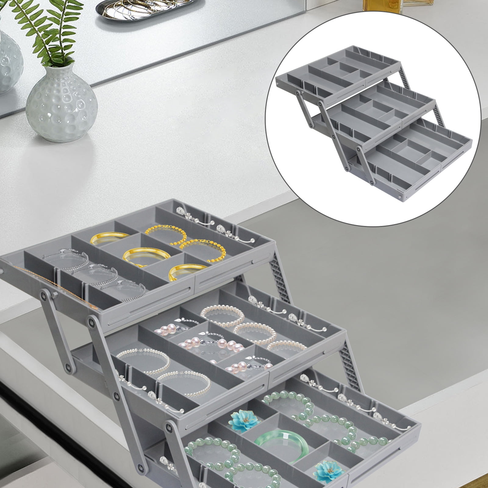 Foldable Jewelry Storage Box Multi Compartments 2/3 Tiers with Adjustable Dividers Tool Stationery Storage Organizer Tray Office Office Supplies Crafts Storage Case