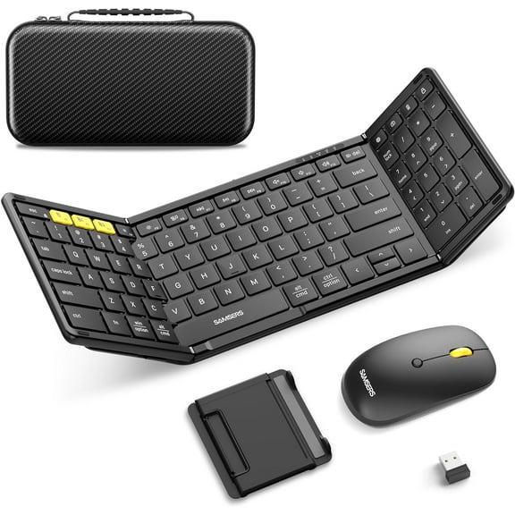 Foldable Keyboard and Mouse, Folding Bluetooth Keyboard Combo, 2.4G + BT5.0 x 2, Full-Size Portable Travel Keyboard & USB-C Rechargeable Wireless Mouse for iOS Android Windows Mac OS