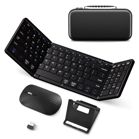 Foldable Keyboard and Mouse,Folding Bluetooth Keyboard Mouse Combo for Business Trave,Full-Size BT5.1x2 + 2.4G Portable Wireless Rechargeable Travel Keyboard Mouse for Windows Android MacOS iOS Black