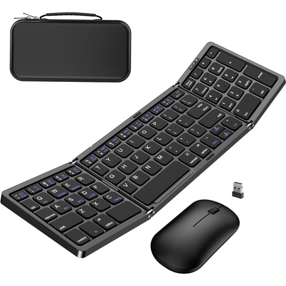 Foldable Keyboard and Mouse, Wireless Combo with Portable Case, Rechargeable 2.4G Bluetooth for PC Laptop Tablet, 1-Pack