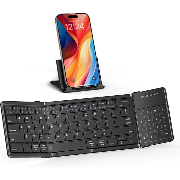 Foldable Keyboard with Touchpad, Portable Folding Keyboard for iPad Tablet Laptop, Connect Up to 3 Devices, Rechargeable Travel Keyboard for iOS Android Win, Black
