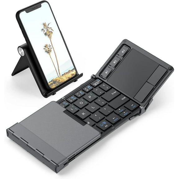 Foldable Keyboard with Toucad, BK08 Portable Tri-Folding Bluetooth for iPad, iPhone, Windows, Mac & Android Connect Up to 3 Devices