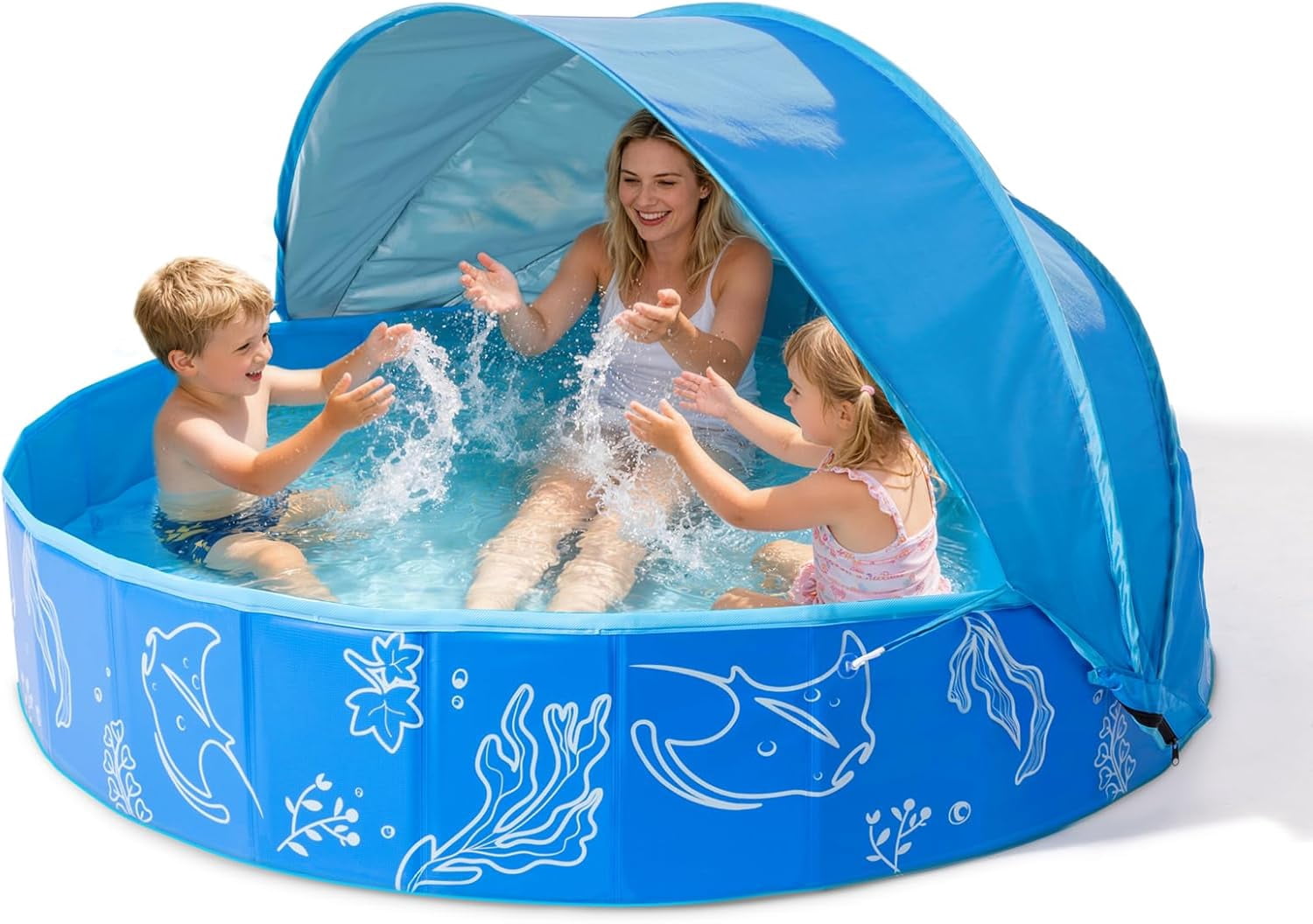 Foldable Kiddie Pool with Canopy: 31.5in/ 47in /63in for Baby Toddler Kids Family - Summer Water Play Pool with Shade - Portable for Outdoor Backyard Beach (Blue-Blue, 63in)