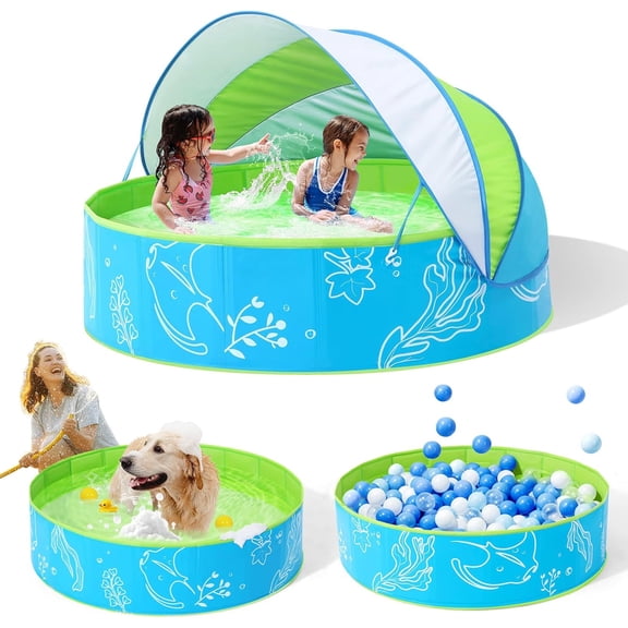 Foldable Kiddie Pool with Canopy: 31.5in/ 47in /63in for Baby Toddler Kids Family - Summer Water Play Pool with Shade - Portable for Outdoor Backyard Beach (Blue-Green, 47in)