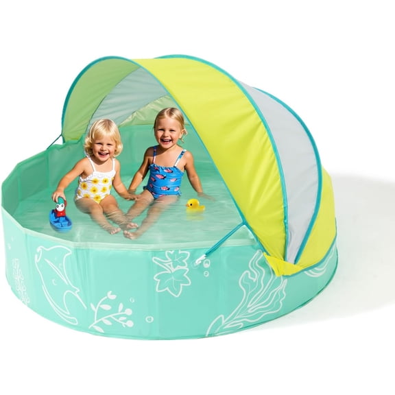 Foldable Kiddie Pool with Canopy: 31.5in/ 47in /63in for Toddler Family - Summer Water Play Pool with Shade - Portable for Outdoor Backyard Beach (Mint-Lemon, 47in)
