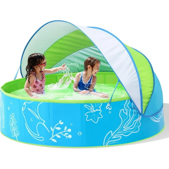 Foldable Kiddie Pool with Canopy: 47ft Baby Pool and Beach Tent for 6-12 Months Toddlers and 2-4 Years Old Kids - Portable Shaded Water Play Structure for Outdoor Backyard Beach