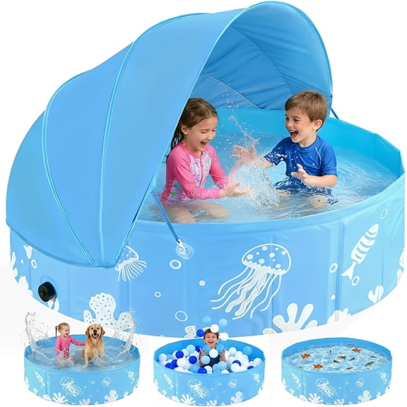 Foldable Kiddie Pool with Canopy UPF 50+, 47 Inch Kids Pool with Canopy, Baby Pool for Toddler, Dog Pools for Backyard, Portable Water Play for Outdoor Backyard Beach