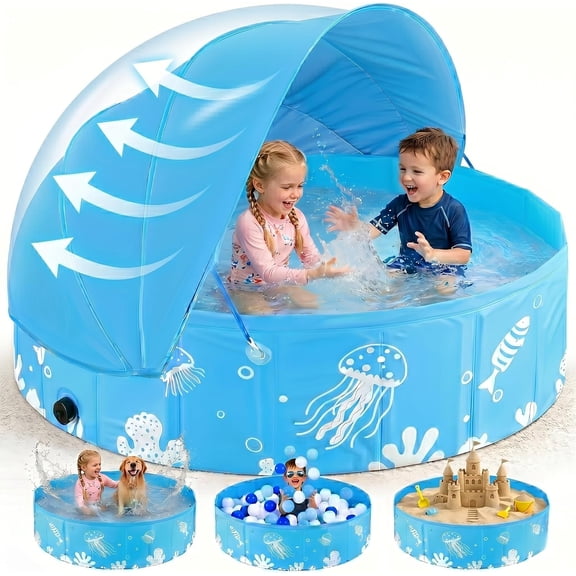 Foldable Kiddie Pool with Canopy UPF 50+, 47 Inch Non-Inflatable Swimming Kids Pool, Baby for Toddler 1-3, Dog Pools Backyard, Portable Water Play Outdoor Backyard Beach, Blue
