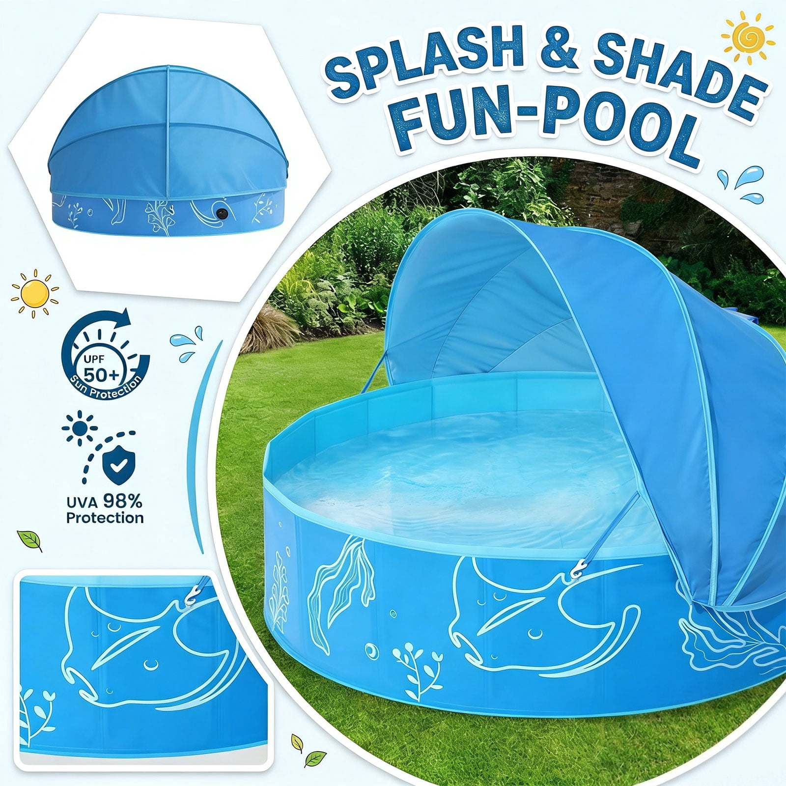 Foldable Kiddie Pool with Canopy,kids pool,Kids Family - Summer Water Play Pool with Shade - Portable for Outdoor Backyard Beach (Bule)