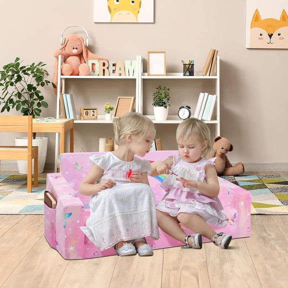 Foldable Kids Sofa Couch 2 in 1 Children Convertible Sofa to Lounger Flip Open Toddlers Sofa Bed, Wide Soft Lightweight for Bedroom Livingroom Playroom