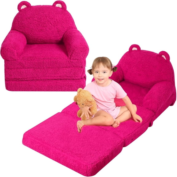 Foldable Kids Sofa, Sherpa Teddy Bear Toddler Couch with Tri Folding Foam Cushions, Comfy Kids Couch for Kids Age 3-6