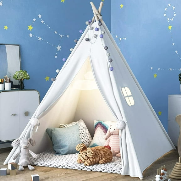 Foldable Kids Teepee Tent, Play Tents for Girl and Boy with Window Canvas Tepee Playhouse for Child Indoor Outdoor