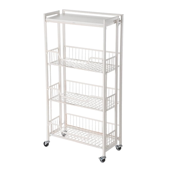 Foldable Kitchen Cart on Wheels, Iron and Wood Rolling Storage Cart with 3-Tier Shelves, Utility Kitchen Organizer for Fruit Vegetable Snack Pantry for Home