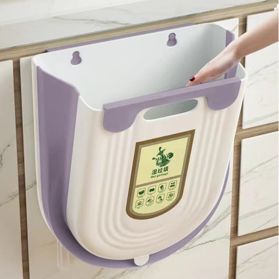 Foldable Kitchen Compost Bin | 10L Wall Mounted Hanging Garbage Can | Space Saving Purple Plastic Trash Container for Sink Cabinet | 1-Piece Small Waste Bin
