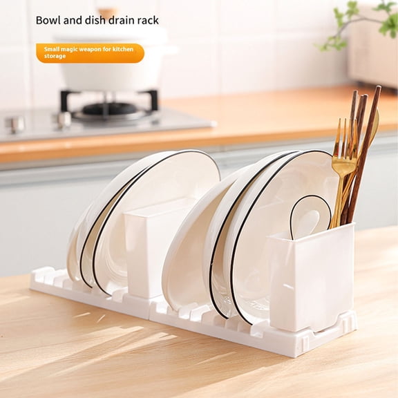 Foldable Kitchen Dish Organizer Rack - White/Gray, 8.1x4.3x4.7 Inch Countertop Drainer for Bowls, Plates, Chopsticks, Spoons & Pot Lids, Space-Saving Splicable Design
