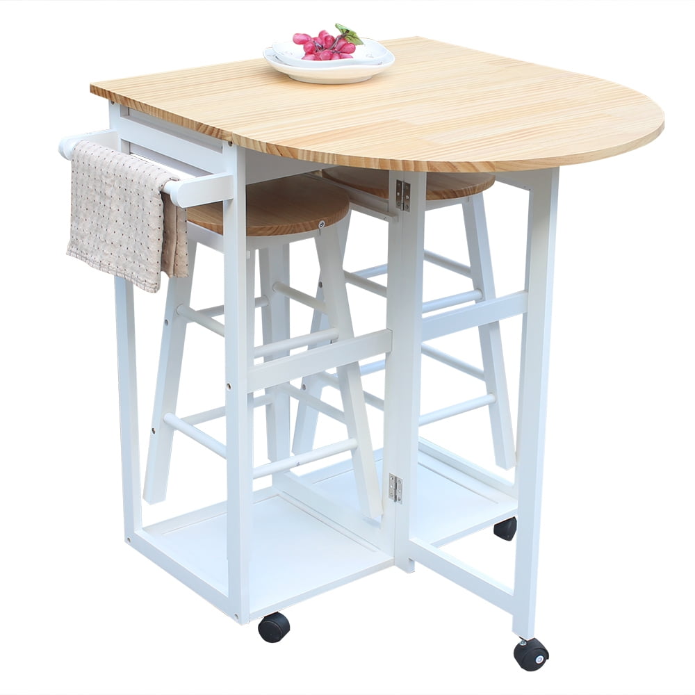 Foldable Kitchen Island Cart with 2 Stools,Semicircle Desk with 2