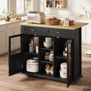 Foldable Kitchen Island Cart with Wheels, 2 Glass Doors, Home Kitchen Spice Rack & Towel Holder   Compact Mobile Storage Cart for Small Kitchens, Dining Rooms, Camping & RVs