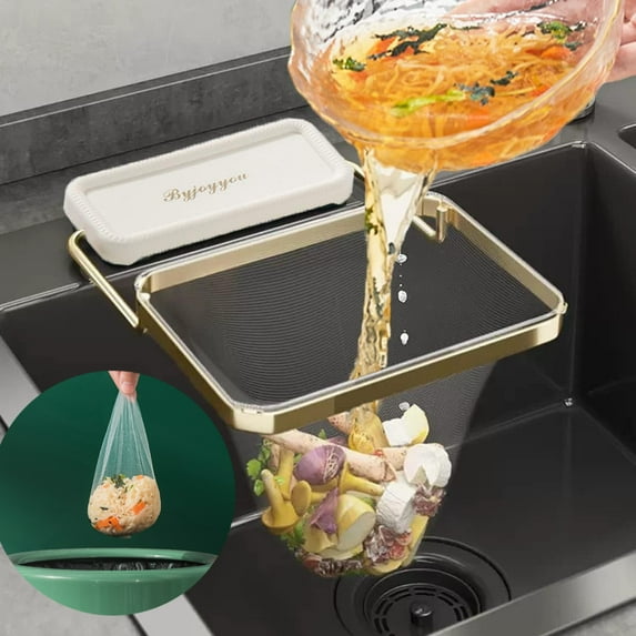 Foldable Kitchen Sink Strainer Corner Basket with 100 Disposable Mesh Bags – Food Catcher & Garbage Disposal Filter (White)