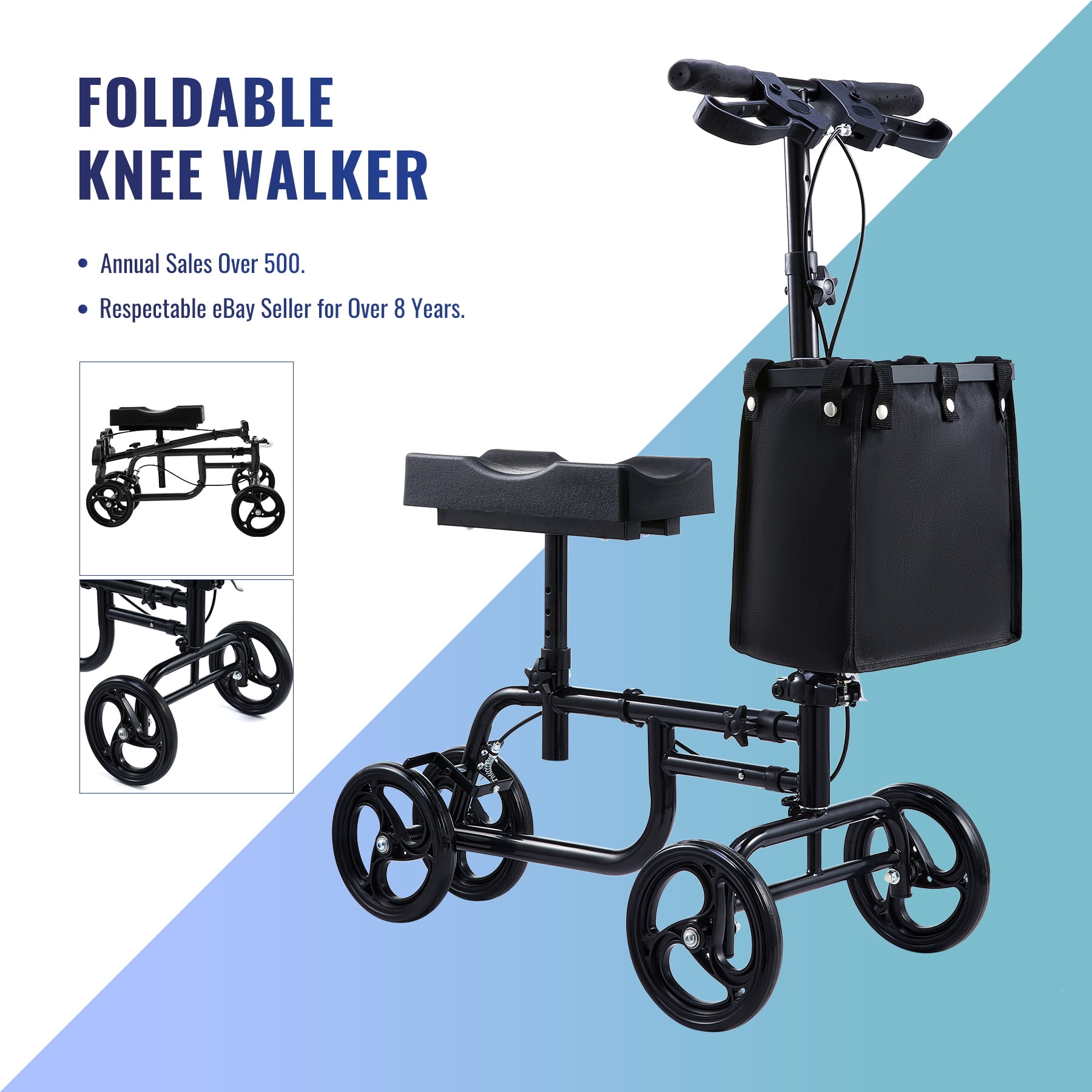 Foldable & Collapsible Knee Scooter Walker with Adjustable Rest, Rolling Basket, Mobile Handlebar - Black