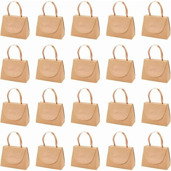 Foldable Kraft Paper Candy Gift Box Handbag Shaped Candy Storage Case with Ribbon Handle for Wedding Party Camel 5.8x12.1x10cm