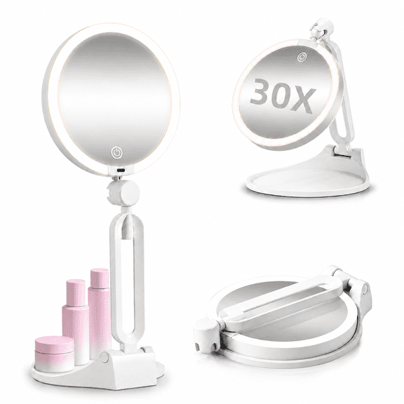 Travel Makeup Mirror with Lights, 1X/30X Double-Sided Magnifying Mirror, 3 Color Lighting & Stepless Dimming, 2000mAh Rechargeable Foldable Mirror with Storage Pouch for Desk & Travel, White