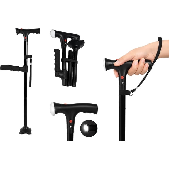 Foldable LED Walking Cane with Emergency Alarm & Double Handles  Adjustable, Lightweight, Non-Slip Base  Mobility Aid for Seniors, Safety Cane for Elderly, with Built-in Flashlight, Comfort Grip