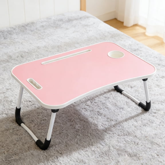 Foldable Lap Desk, 23.6 Inch Portable Bed Tray Table with 2 USB Ports/Slots/Cup Holder/Drawer, Anti-Slip for Working Reading Writing, Eating for Bed Sofa Couch Floor, Pink