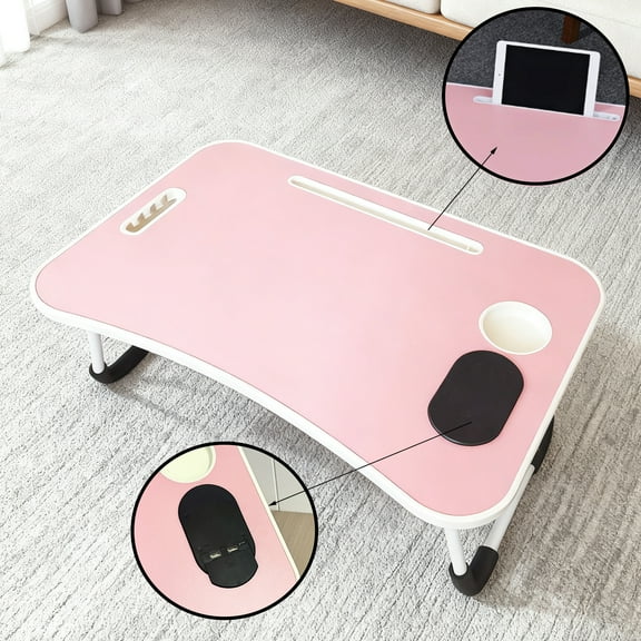 Foldable Lap Desk, 23.6 Inch Portable Bed Tray Table with 2 USB Ports/Slots/Cup Holder/Drawer, Anti-Slip for Working Reading Writing, Eating for Bed Sofa Couch Floor, Pink