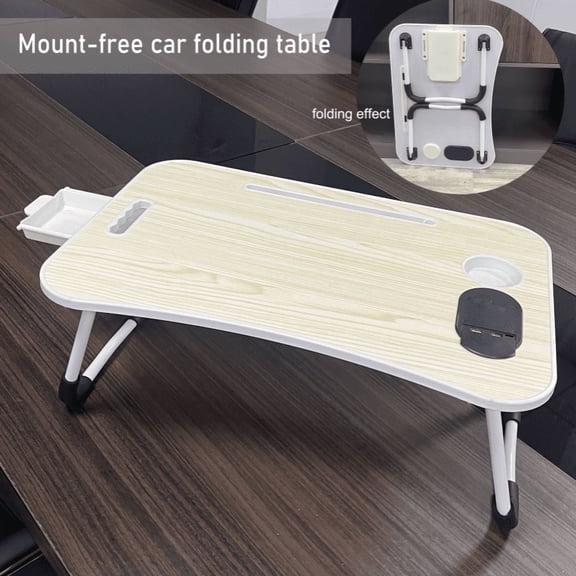 Foldable Lap Desk, 23.6 inch Portable Bed Tray Table with USB Ports, White