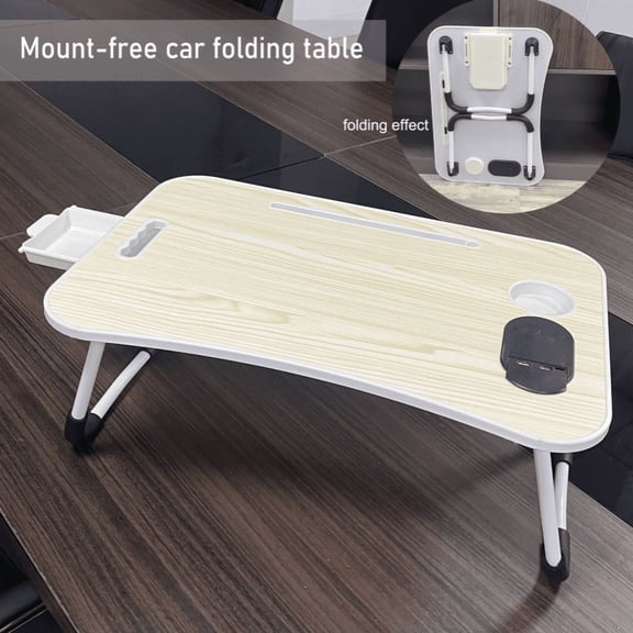 Foldable Lap Desk, 23.6 inch Portable Bed Tray Table with USB Ports, White