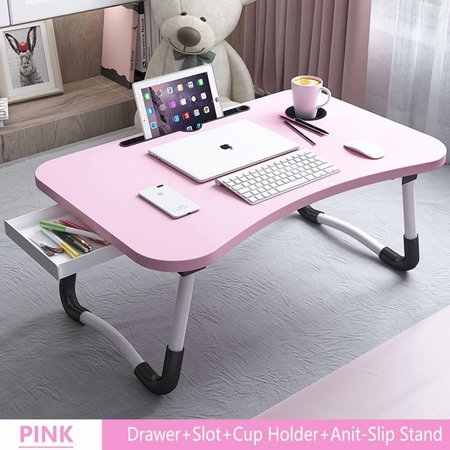 Foldable Lap Desk, 23.6 Inch Portable Wood Laptop Desk Table Workspace Organizer Bed Sofa Tray with Slots/Cup Holder/Drawer, Anti-Slip for Reading Writing Eating Watching