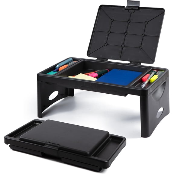 Foldable Lap Desk - 9.75 x 12 in, Black, Plastic Accessory Trays & Storage Pocket for with Kids Travel Tray Car Seat Laptop Table Small Spaces
