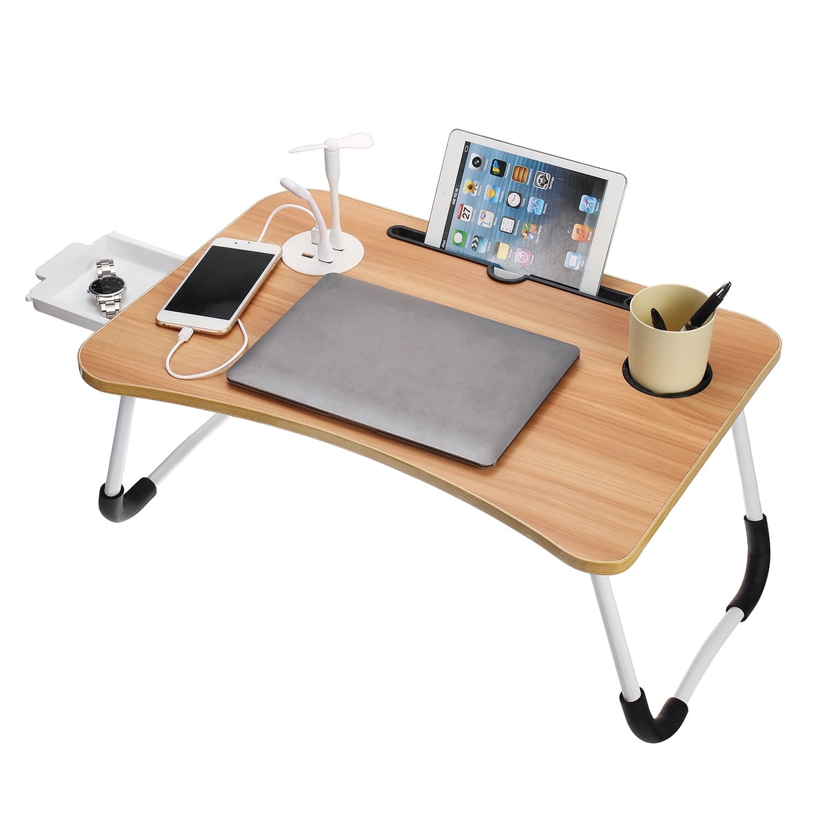 Foldable Lap Desk for Bed Bed Tray Table with 4 USB Ports Holder Slots Cup Holder and Drawer Laptop Desk Table with Mini Lamp Fan Portable Notebook Table Stand for Laptop Tablet