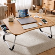 YEERSWAG  23.6inch Foldable Lap Desk for Bed,Laptop Bed Table with 4-Port USB Hub,Storage Drawer,Cup Holder & Tablet Slot,Portable Fold-Up Bed Tray for Working Reading Eating on Bed Sofa Couch,Walnut