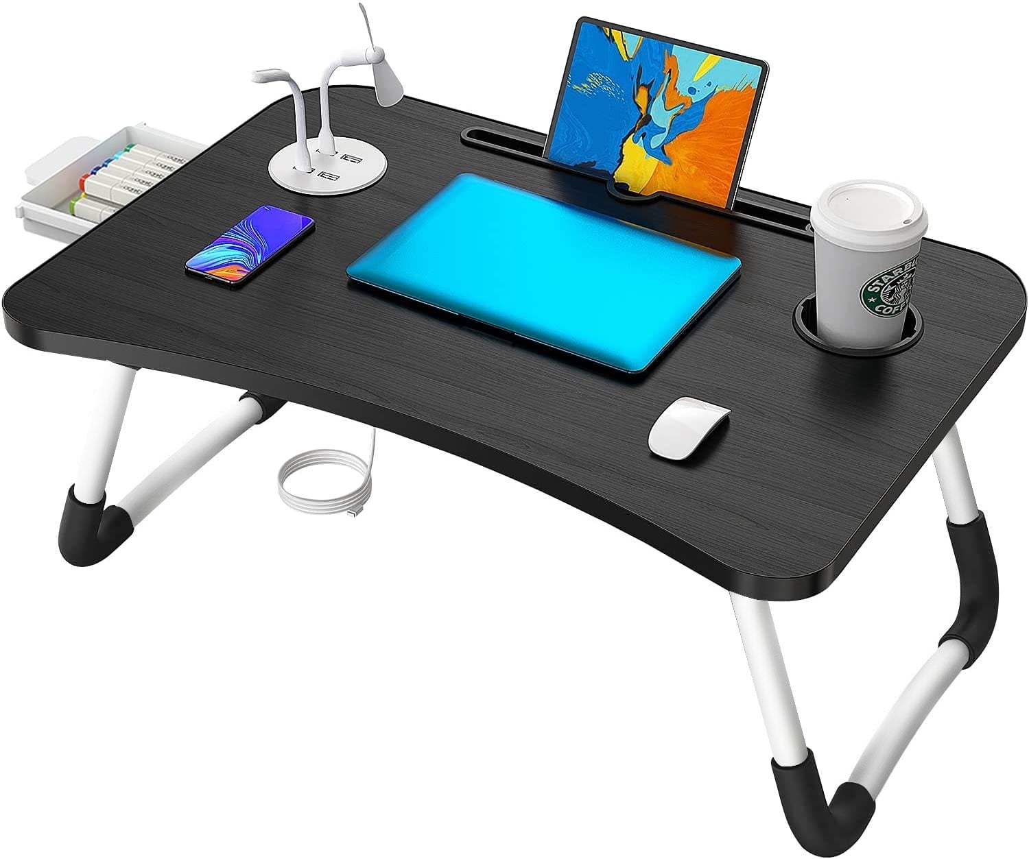 Foldable Lap Desk for Bed, HONEIER Bed Tray Table with 4 USB Ports, Holder Slots, Cup Holder, Drawer, Laptop Desk Table with Mini Lamp, Fan, Wood Portable Table Stand for Laptop Tablet, Black