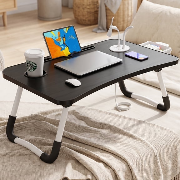 HONEIER Lap Desk for Bed, Foldable Laptop Desk with 4 Usb Ports, Cup Holder, Drawer, Mini Lamp and Fan, Portable Bed Tray for Laptop and Tablet, Black