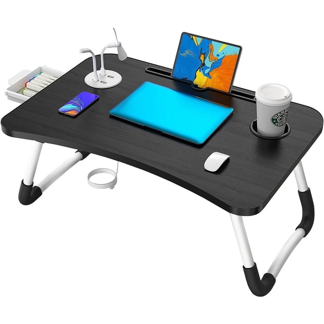 HONEIER Lap Desk for Bed, Foldable Laptop Desk with 4 Usb Ports, Cup Holder, Drawer, Mini Lamp and Fan, Portable Bed Tray for Laptop and Tablet, Black