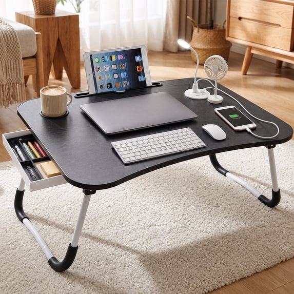 YEERSWAG® 23.6 inch Foldable Lap Desk for Bed,Laptop Bed Table with 4-Port USB Hub,Storage Drawer,Cup Holder & Tablet Slot,Portable Fold-Up Bed Tray for Working Reading Eating on Bed Sofa Couch,Black