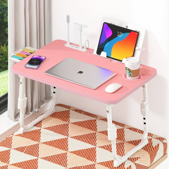 Foldable Laptop Desk,Height Adjustable,with USB/Storage Drawer/Cup Holder/Tablet Stand/Book Shelf for Reading,Writing,Eating,Watching,Pink