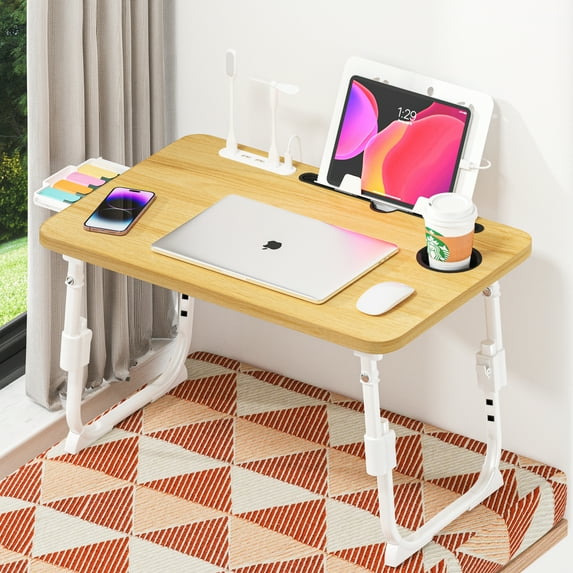 Foldable Lap Desk,Height Adjustable,with USB/Storage Drawer/Cup Holder/Tablet Stand/Book Shelf for Reading,Writing,Eating,Watching,Wood