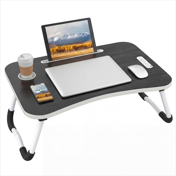 Foldable Lap Desk for Laptop & Writing - 23 inch Bed Tray Table with Cup Holder & Tablet Slot - Portable Notebook Stand for Eating, Sofa, Couch & WFH Students (Black)