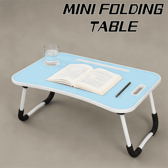 Foldable Laptop Bed Desk (Blue) - Portable Table with Cup Holder, Tablet Slot for Work & Study