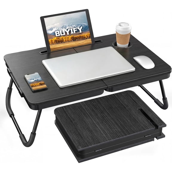 Foldable Laptop Bed Desk for Couch, Sofa - Large Lap Desk Tray Table with Cup Holder and Tablet Slot - Portable Notebook Stand for Eating, Writing, Studying and WFH (Black)- USA Original Patent
