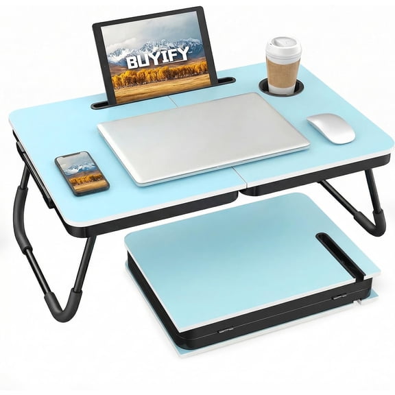 Foldable Laptop Bed Desk for Couch, Sofa - Large Lap Desk Tray Table with Cup Holder and Tablet Slot - Portable Notebook Stand for Eating, Writing, Studying and WFH-Light Blue-DZZ004