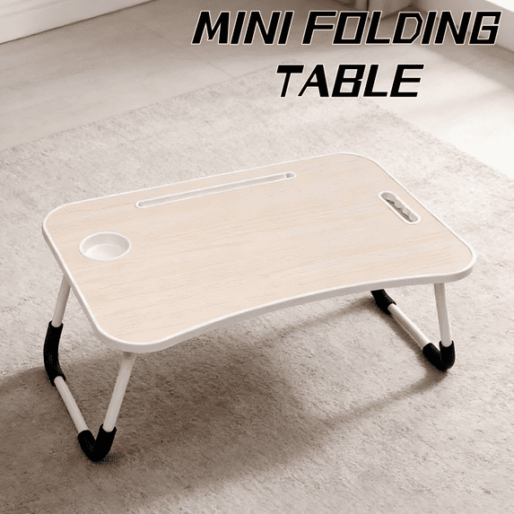 Foldable Laptop Bed Desk (Cream White) - Portable Table with Cup Holder, Tablet Slot for Work & Study